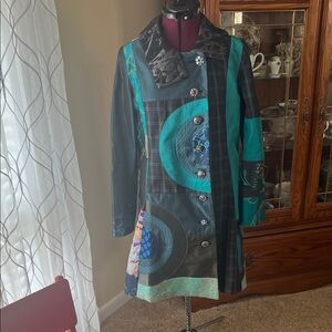 Desigual Artistic Teal and Black Pea Coat